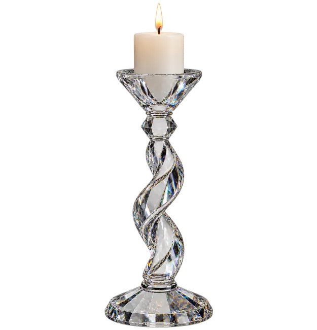 Lit White Candle in Crystal Candlestick Holder