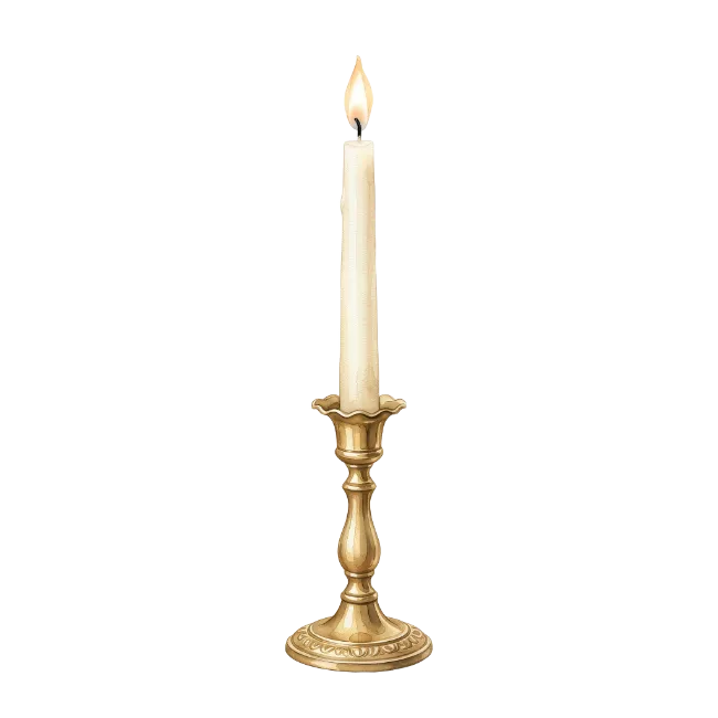 Lit White Candle in Gold Holder