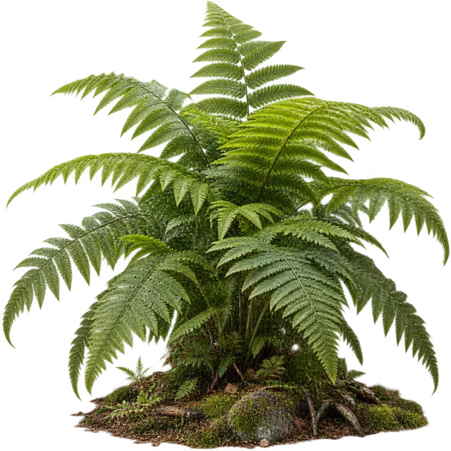 Lush Green Fern Bush Growing on Mossy Ground
