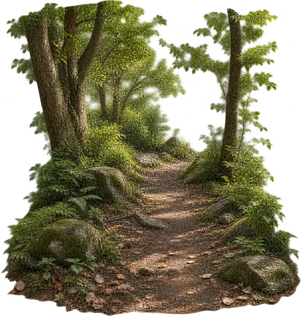 Lush Green Forest Path with Trees and Mossy Rocks