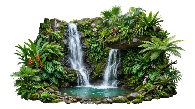 Lush Tropical Waterfall with Rocks and Foliage