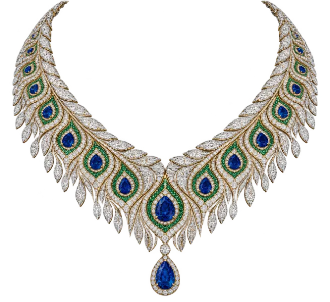 Luxurious Peacock Feather Diamond and Sapphire Necklace