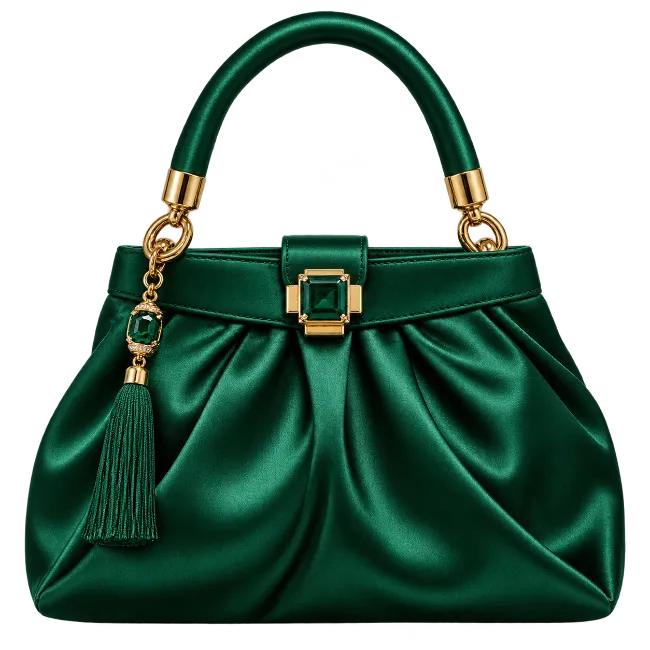 Luxury Emerald Green Satin Handbag with Gold Hardware