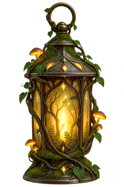 Magical enchanted lantern overgrown with moss and glowing mushrooms