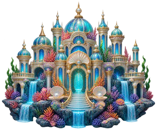 Magical Underwater Palace with Corals and Waterfalls