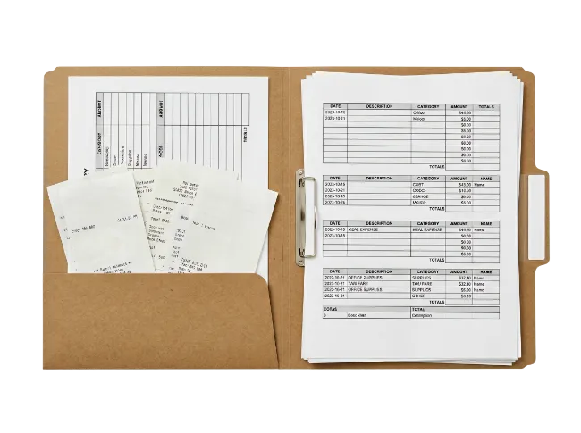 Manila folder with financial documents and receipts