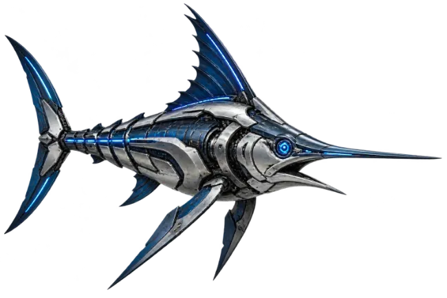 Mechanical Cybernetic Marlin Fish with Blue Glow