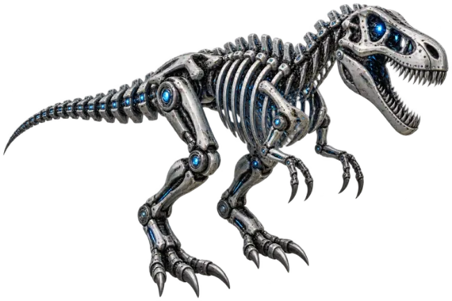 Mechanical Dinosaur Skeleton With Glowing Blue Eyes