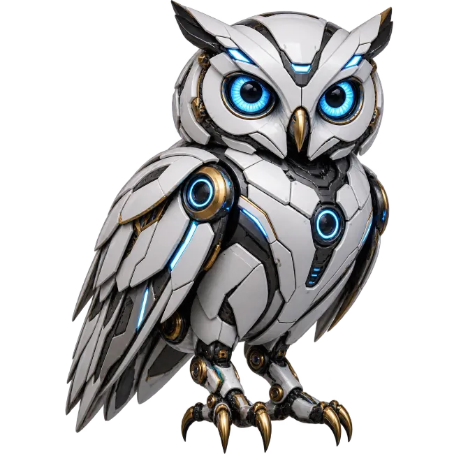 Mechanical White Owl with Glowing Blue Eyes