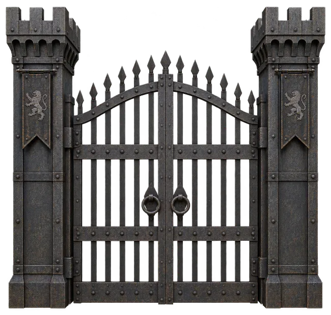 Medieval Castles Iron Gates with Stone Pillars