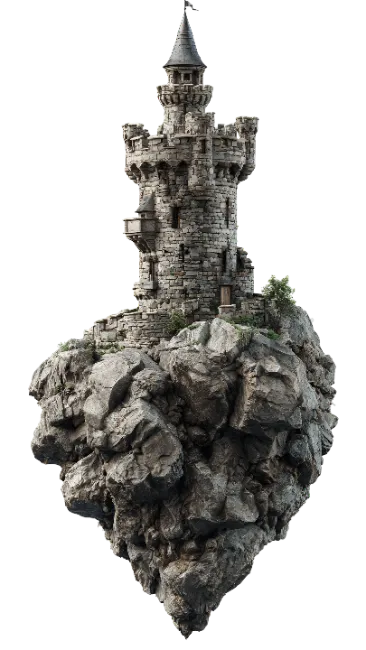 Medieval stone castle tower on floating rock island