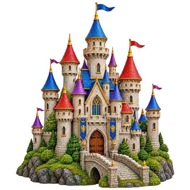 Medieval Stone Castle with Blue and Red Towers