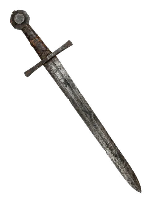 Medieval sword with weathered blade and leather handle