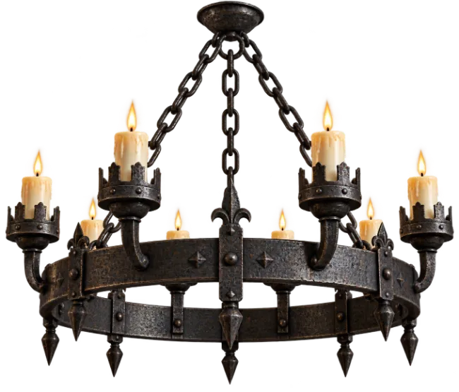Medieval Wrought Iron Chandelier with Lit Candles
