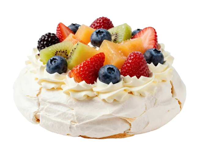 Meringue Cake Decorated with Fresh Mixed Fruits
