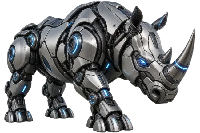 Metallic Mechanical Cybernetic Rhinoceros with Glowing Blue Lights