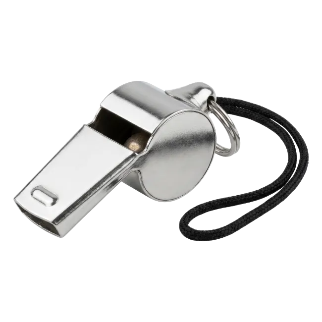 Metallic sports whistle with a black lanyard