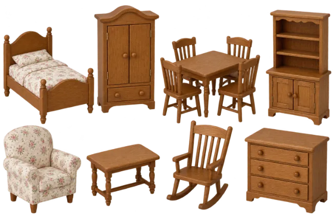 Miniature Wooden Dollhouse Furniture Set