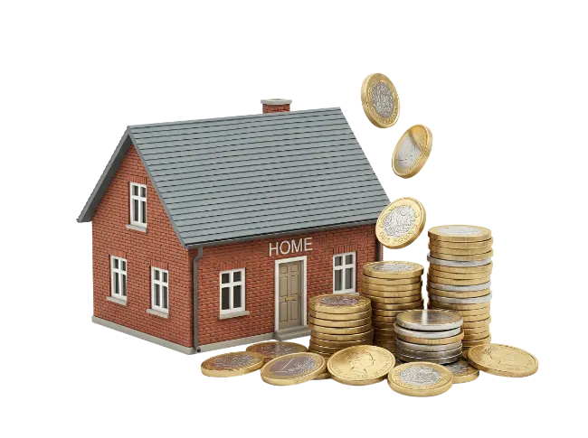 Model house with stacks of golden coins and falling money
