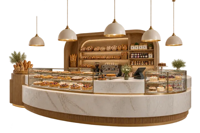 Modern Bakery Counter with Pastries and Bread