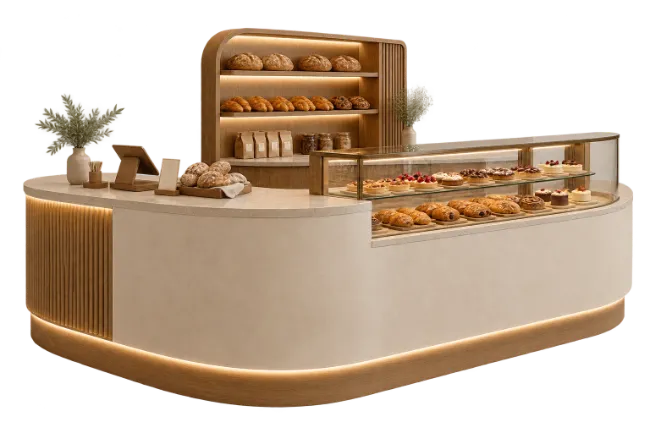 Modern Bakery Display Counter with Pastries and Bread