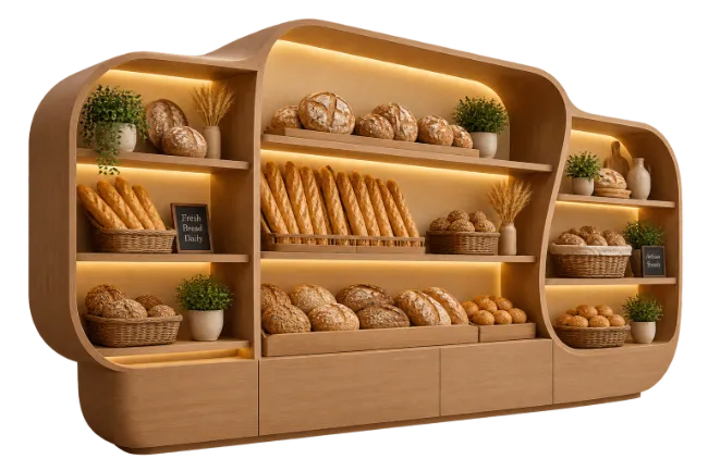 Modern bakery display shelf with fresh bread