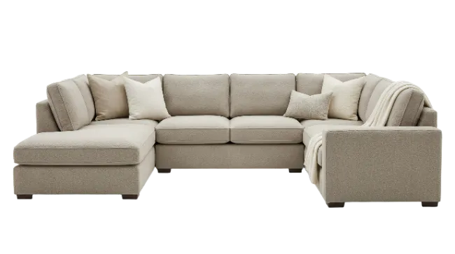 Modern beige sectional sofa with chaise and cushions