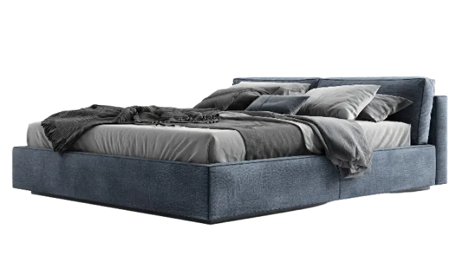 Modern Blue Upholstered Bed with Pillows