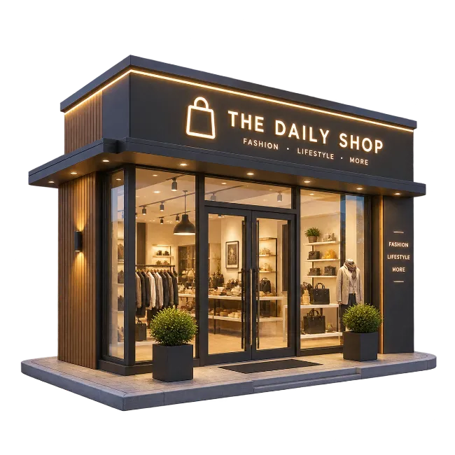 Modern Boutique Clothing Store Building Exterior with Illuminated Sign