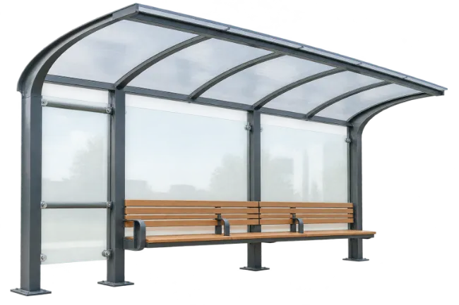 Modern Bus Stop Shelter with Wooden Bench