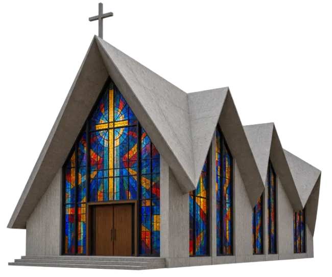 Modern Church Building with Stained Glass Windows