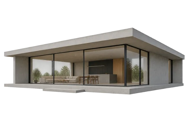 Modern concrete house with large glass windows