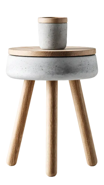 Modern Concrete Stool with Wooden Legs and Container