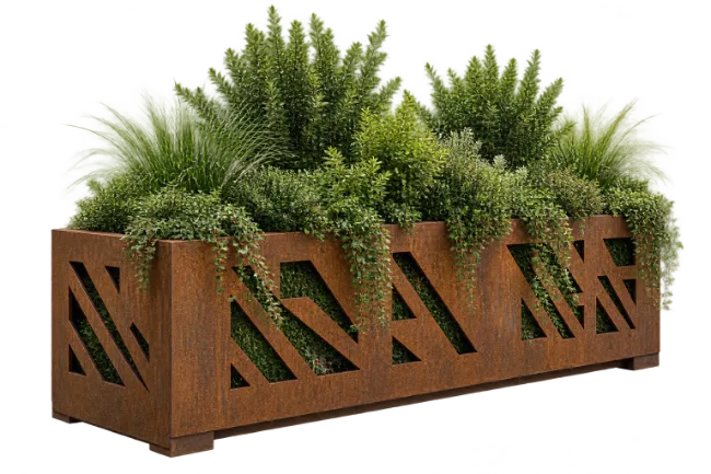 Modern Corten Steel Planter With Lush Green Plants