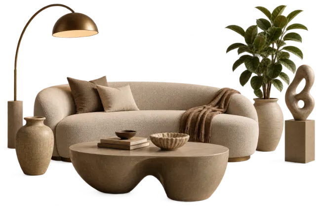Modern Curved Sofa with Coffee Table and Decor