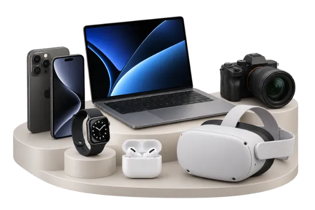 Modern electronic gadgets collection on a display podium