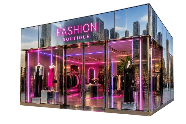 Modern Fashion Boutique Storefront with Neon Lights
