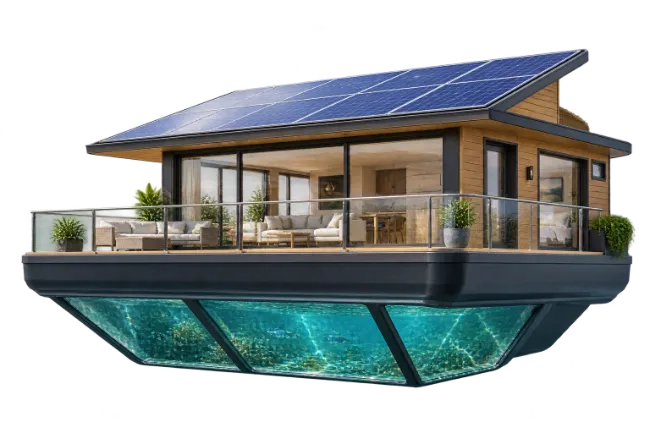 Modern Floating House with Solar Panels and Underwater Room