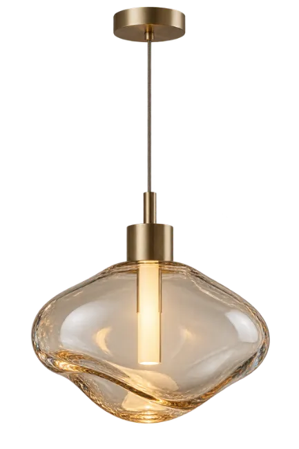 Modern Gold Pendant Light with Amber Glass Shade
