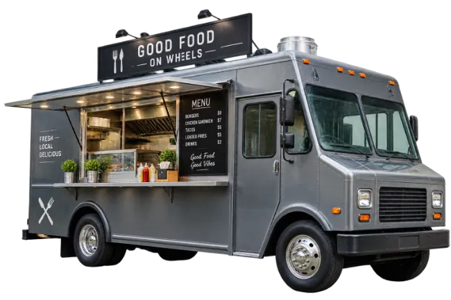 Modern Gray Food Truck Serving Street Food
