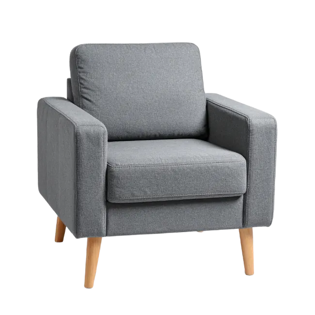 Modern Gray Upholstered Armchair with Wooden Legs