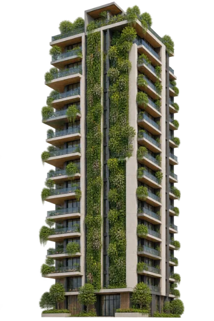 Modern Green Skyscraper With Vertical Gardens and Balconies