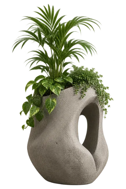 Modern Grey Planter with Green Palm and Trailing Vines