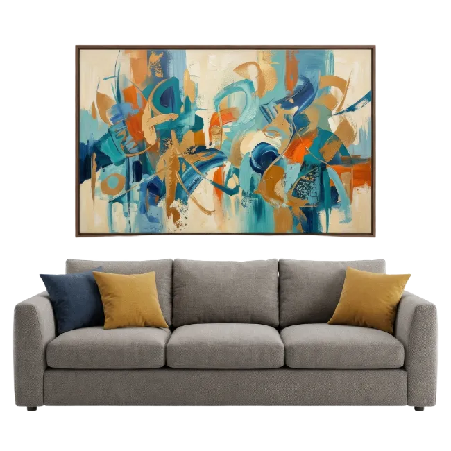 Modern Grey Sofa with Abstract Painting Wall Art