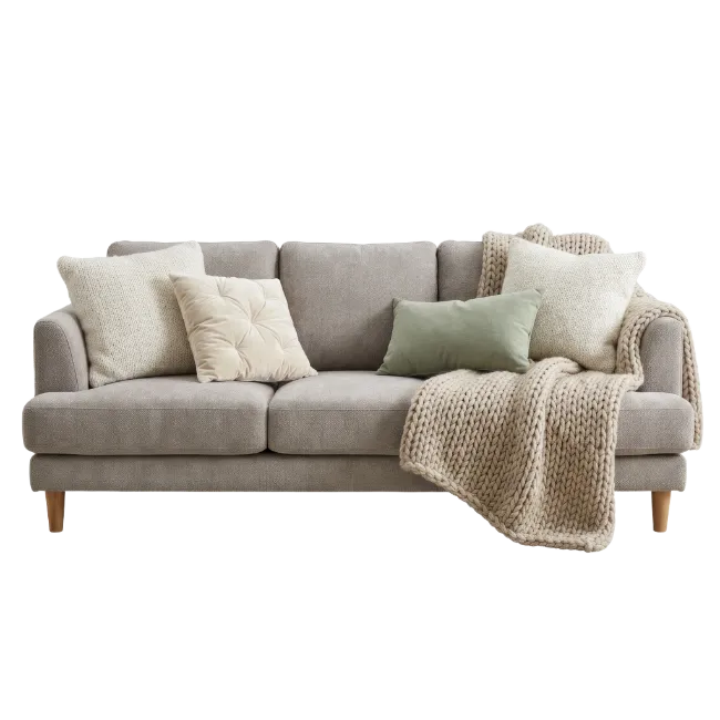 Modern Grey Sofa with Cushions and Throw