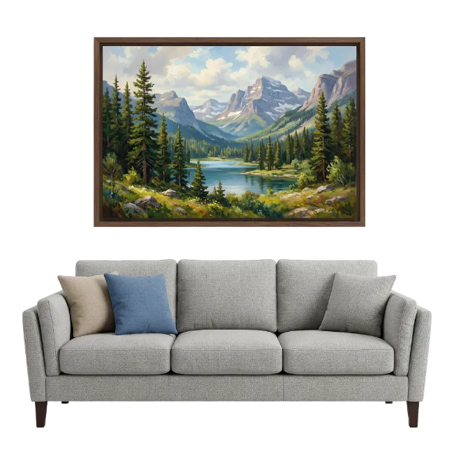 Modern Grey Sofa with Mountain Landscape Art