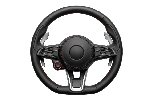Modern leather car steering wheel with controls