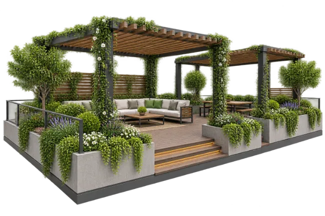 Modern rooftop garden lounge with pergola and seating