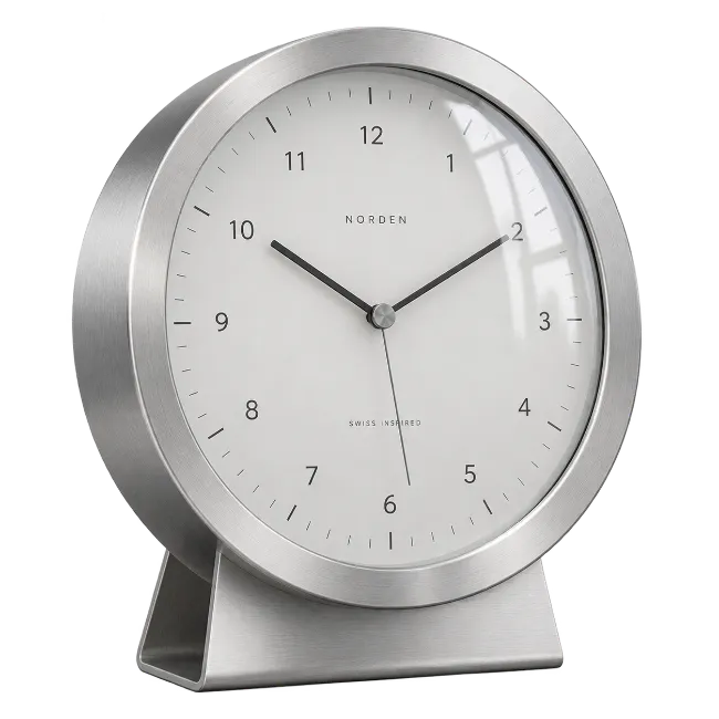 Modern Silver Desk Clock with Minimalist White Face