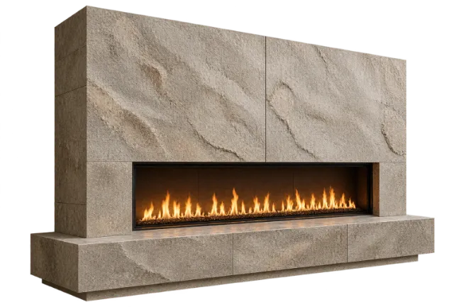 Modern Stone Fireplace with Linear Flame